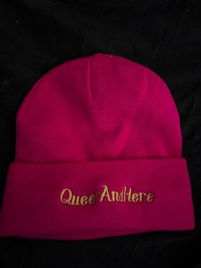Hot Pink Beanie with Gold 'QueerAndHere' Embroidery silk lining
